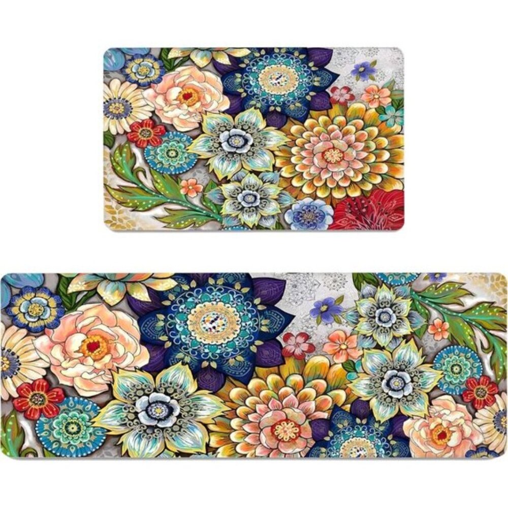 New 2PCS Floral Kitchen Rugs, Non-Slip Cushioned Anti-Fatigue Floor Mats - Picture 1 of 8